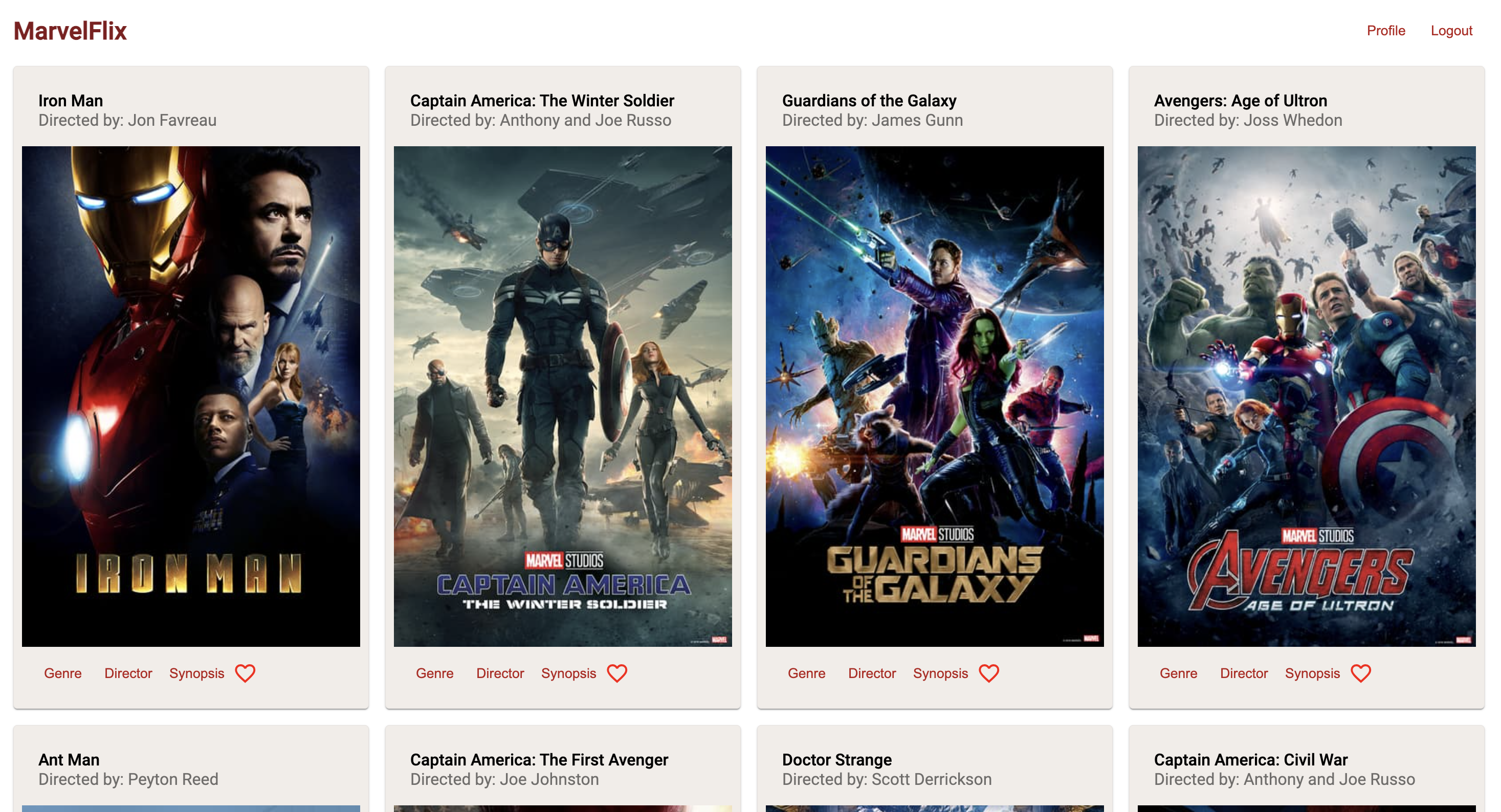 screen capture of MarvelFlix Angular web application